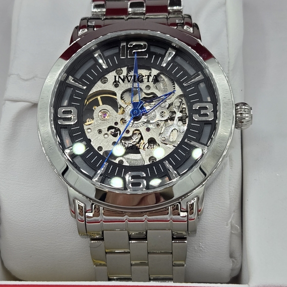 NWT - Gorgeous Invicta Silver Watch with Black Dial and Blue Hands